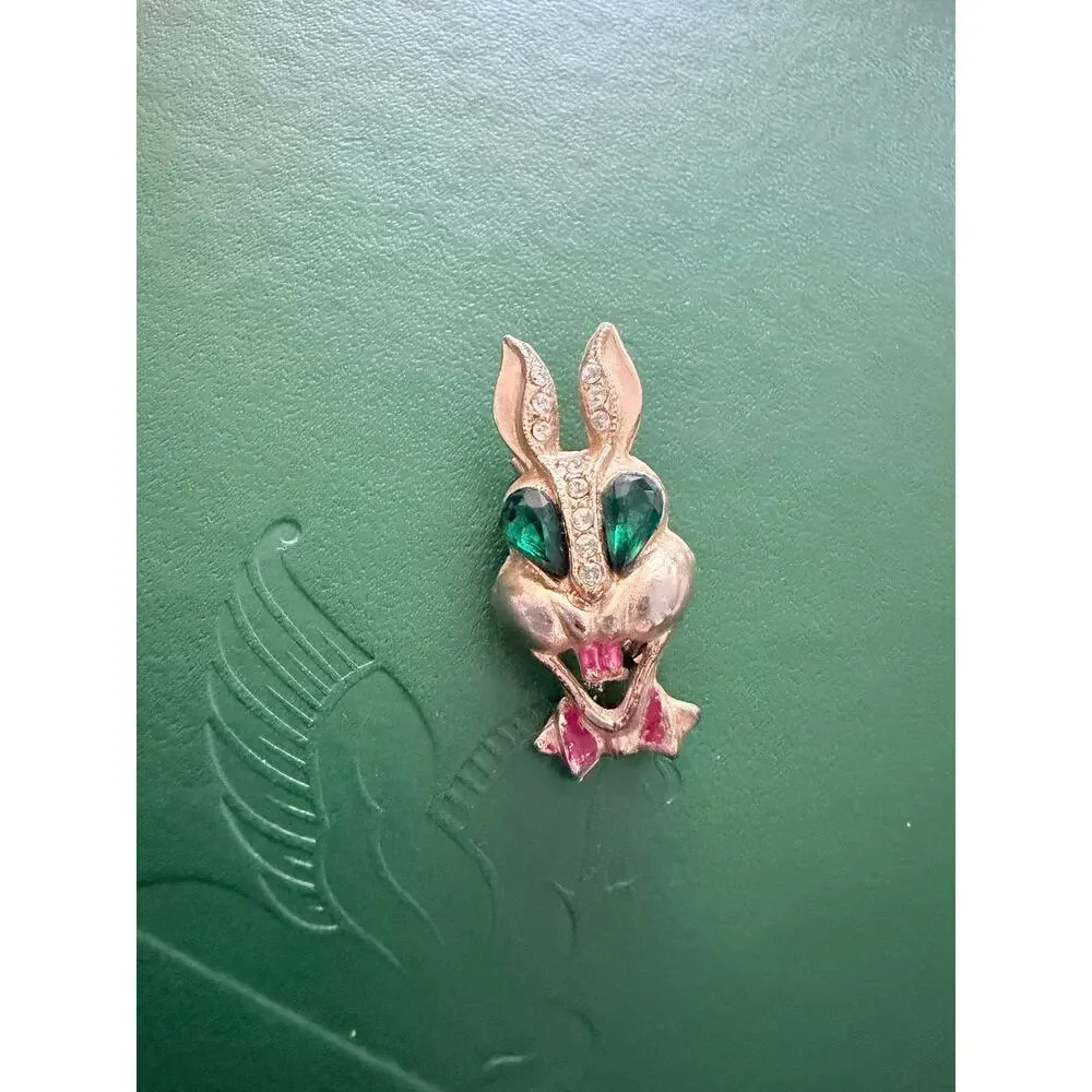 Vintage Karu Fifth Avenue Rabbit Rhinestones Gold Red Green Brooch